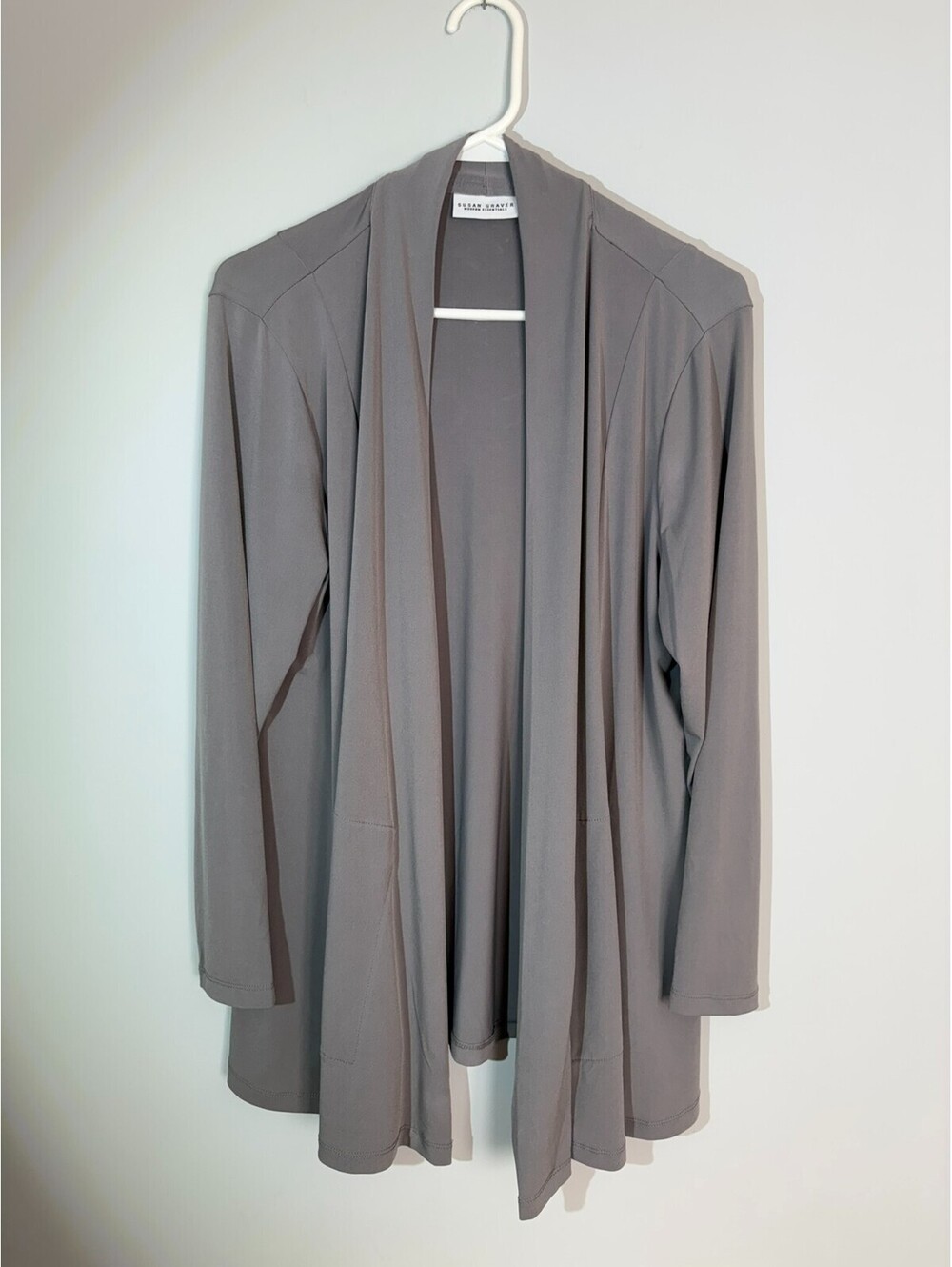 Susan Graver Liquid Knit Open Cardigan Medium Petite Gray Casual Top w Pockets